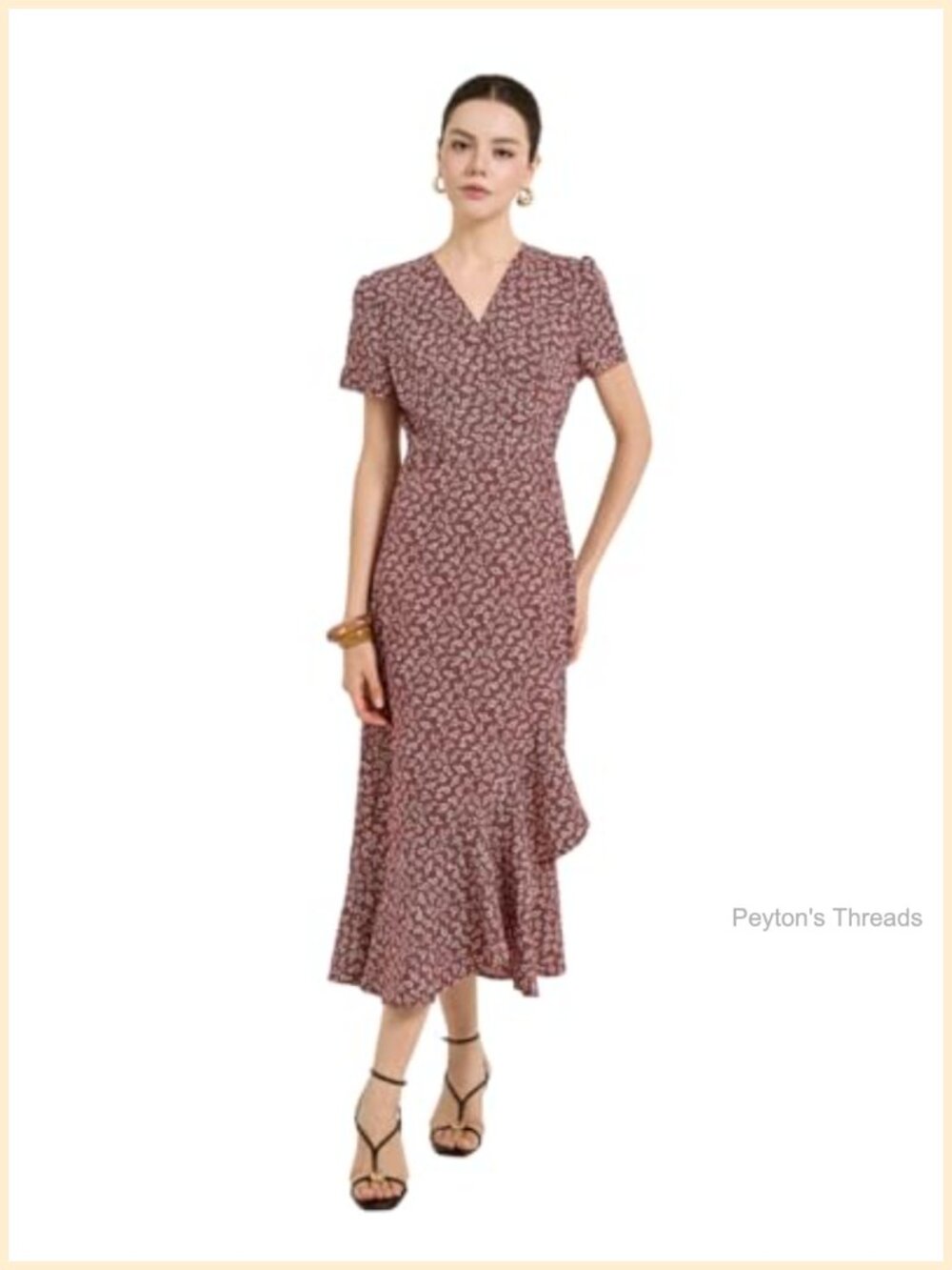 Floral Woven Flared Midi Dress V-Neck Short Cuff Sleeve Casual Summer